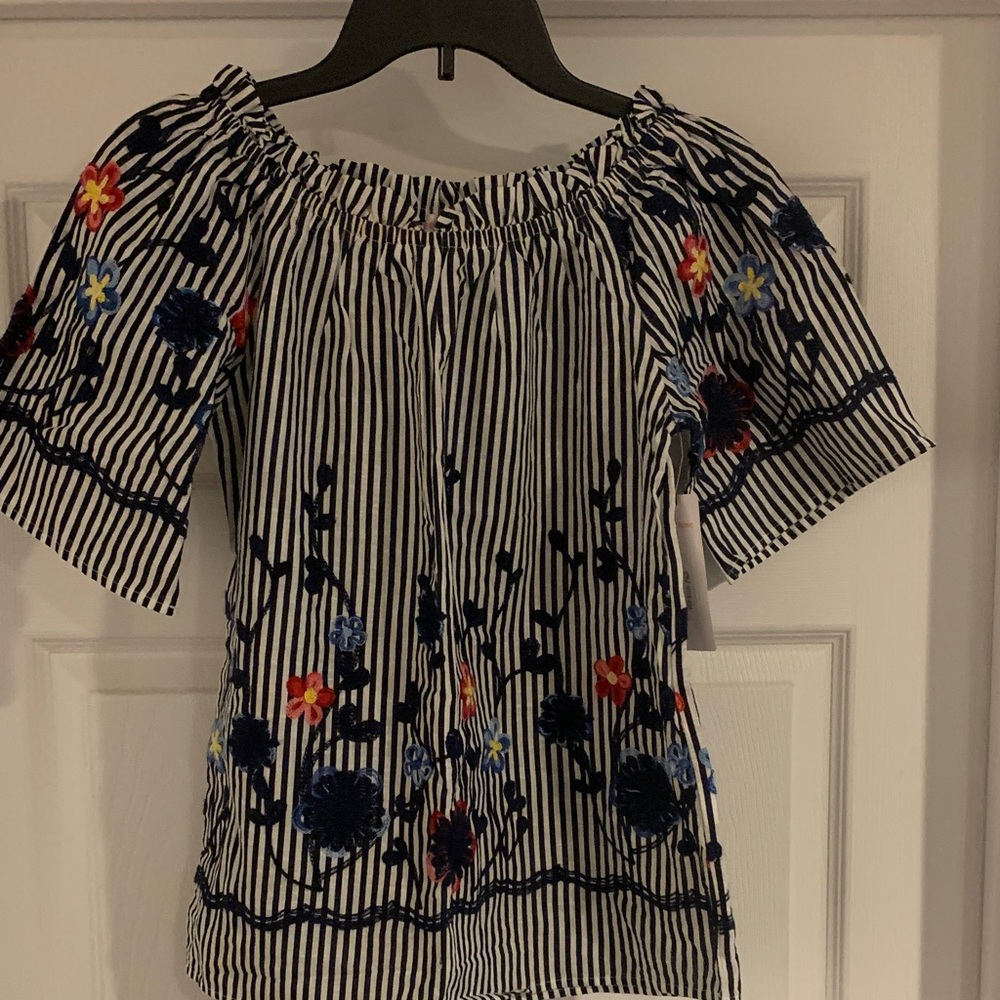 Chic Striped Floral Embroidered Blouse